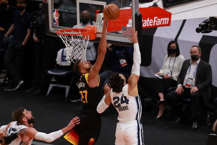 Rudy Gobert (27) blocks Dillon Brooks (24) in the opening round of the Western Conference Playoffs